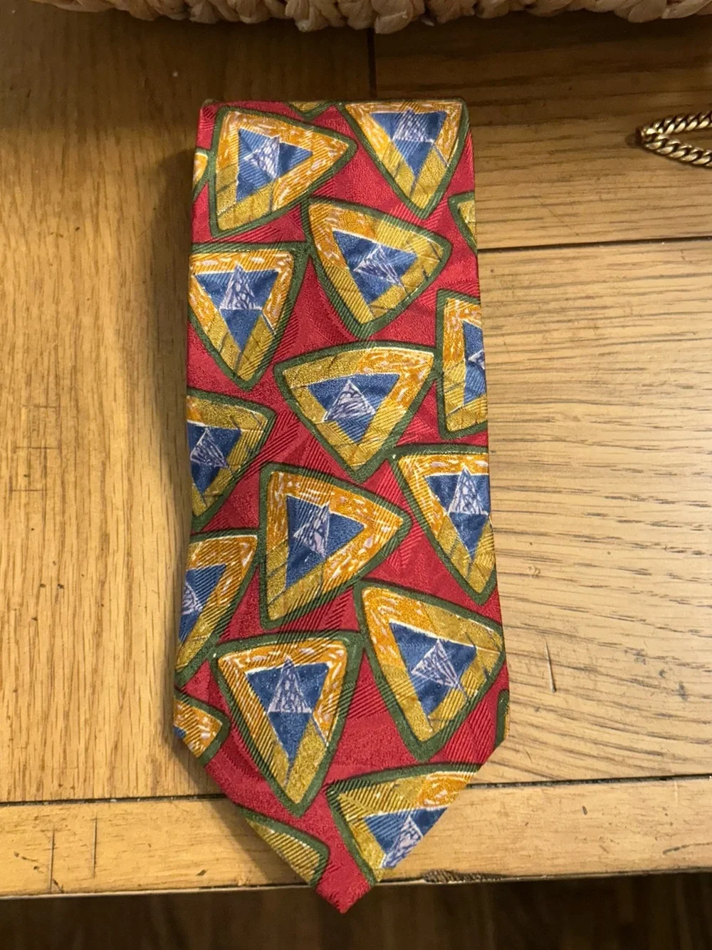 Karl Lagerfeld Red Silk Tie with Blue and Gold Geometric Motif